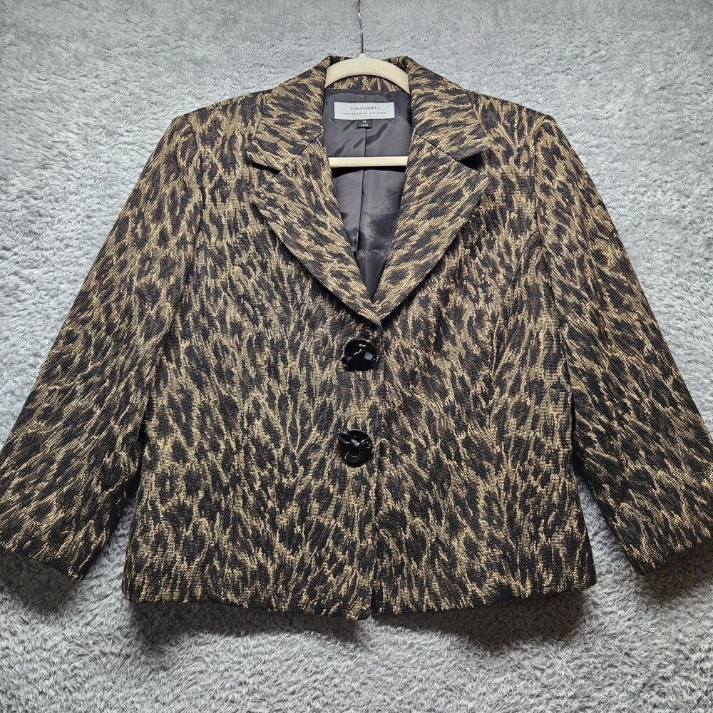 Tahari Womens Animal Print Blazer Jacket Size 14 Leopard Cheetah Classic